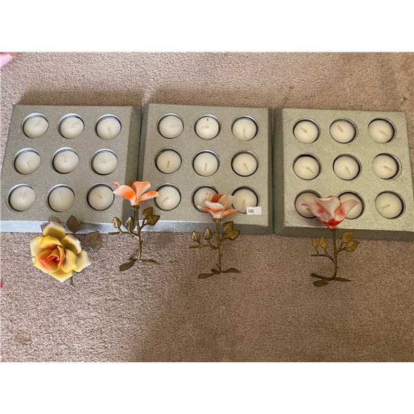 Set Of Metal Tealight Holders And Ceramic Flowers With Brass Stems