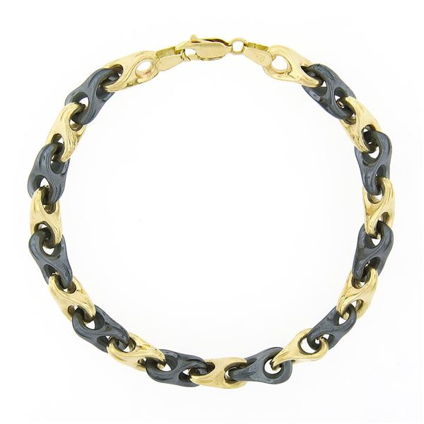 Unisex Vintage Italian 14K Yellow Gold Alternating Hematite Link Chain Bracelet