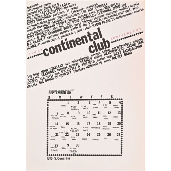 Continental Club Austin TX 1st Anniv 1980 Calendar