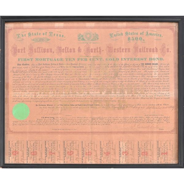 1869 State of Texas $500 Gold Railroad Bond