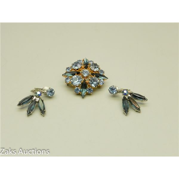 Blue Crystal Brooch & Earrings