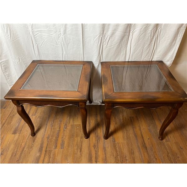 2 Wooden Side Tables with Wicker & Glass Tops