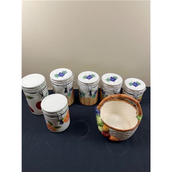 6 Handpainted Ceramic Canisters & Ceramic Basket