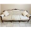 Image 1 : Upholstered Button Back Couch with Wooden Carved Accents