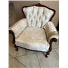 Image 1 : Upholstered Button Back Chair with Wooden Carved Accents