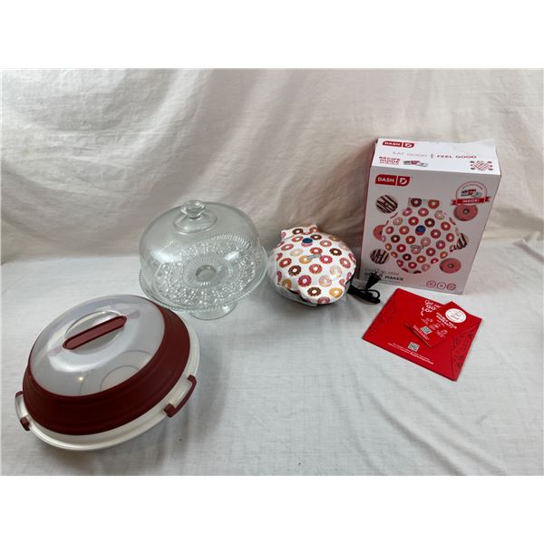 Mini Donut Maker,  Glass Server with Dome & Plastic Holder