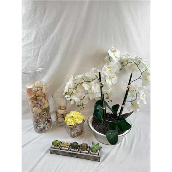 2 Faux Flower Arrangements & Vases with Sea Shells