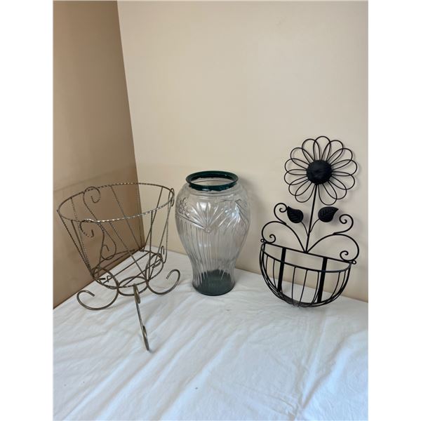 Large Decorative Vase & 2 Metal Plant Holders