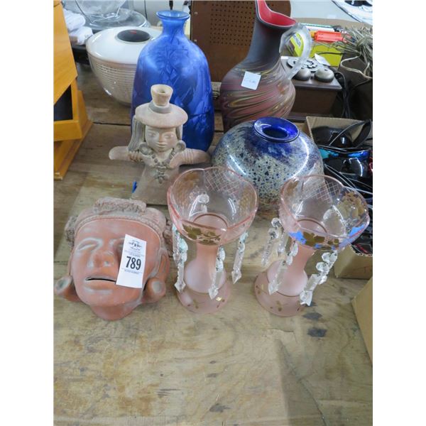 Art Glass, Figural Vase, Mask, Etched Glass Candlestands