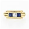 Image 3 : Retro Vintage 14K Gold Square Channel Blue Stone.06 ctw Diamond 3 Stone Band Rin