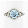 Image 1 : Vintage 14K White Gold 1.32 ctw Round Aquamarine Solitaire Open Filigree Work Ri