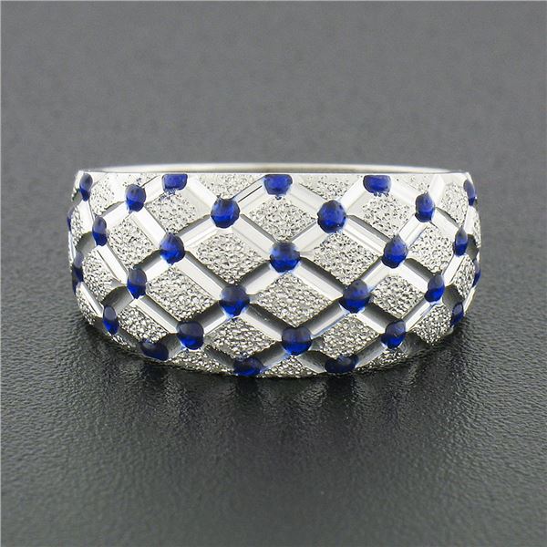 14k White Gold Royal Blue Enamel Dot Tufted Grid w/ Dual Finish Wide Band Ring