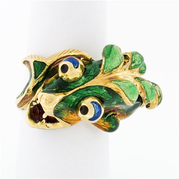 Vintage 18K Yellow Gold Multi Color Enamel Large Dragon or Fish Wrap Band Ring