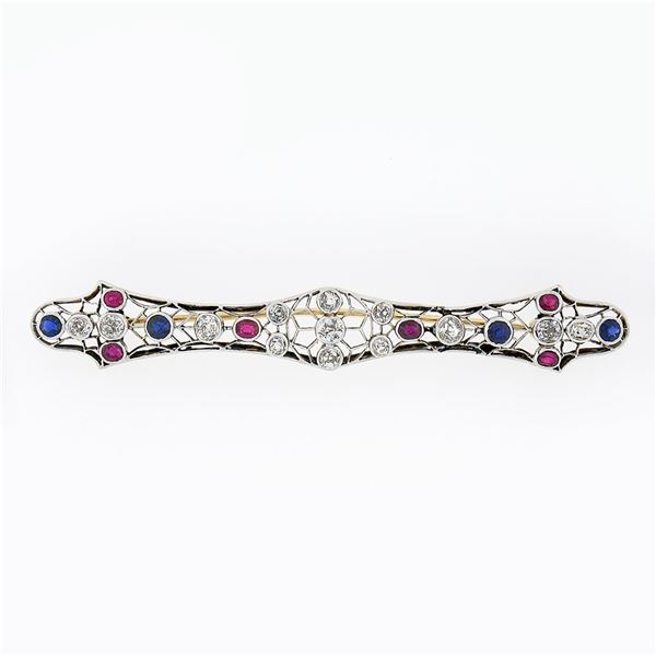 Antique Victorian 14k Gold & Platinum GIA Old Sapphire Ruby Diamond Long Bar Pin