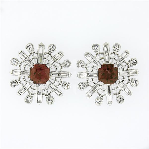 Vintage Platinum 4.02 ctw Rhodolite Garnet & Diamond Snowflake Post Stud Earring