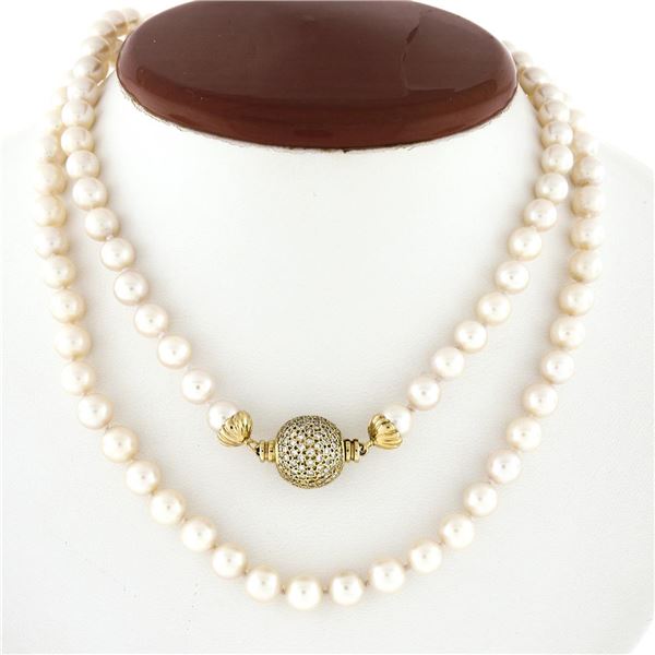 Vintage Long 31  Pearl Strand Necklace w/ 14K Gold 1.5 ctw Pave Diamond Ball Cla