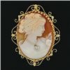 Image 3 : Large Vintage 14k TT Gold Carved Shell Cameo & Diamond Open Work Brooch Pendant