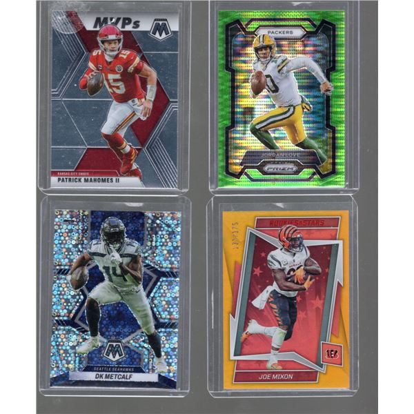 Lot of 4 Football Stars Patrick Mahomes MVPs, Jordan Love Green Pulsar, DK Metcalf, & Joe Mixon /175