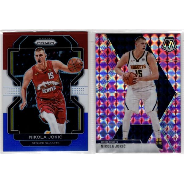 Lot of 2 Nikola Jokic Prizms 2021-22 Panini Prizm Red White & Blue #32, 2019-20 Mosaic Pink Camo #17