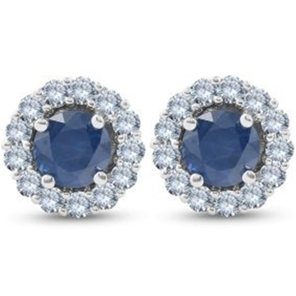 3.00 ct. Natural Sapphire & Diamond Halo Stud Earrings 14k White Gold