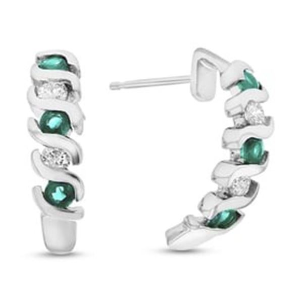 1.11 ct. Natural Emerald & Diamond J Style Earrings in 14K White Gold