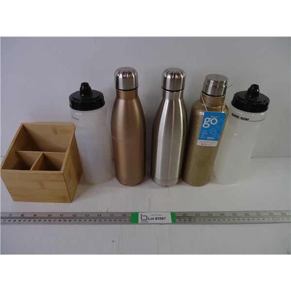 (3) GO Bottles,(2) Plastic water Bottles and small wood storage box