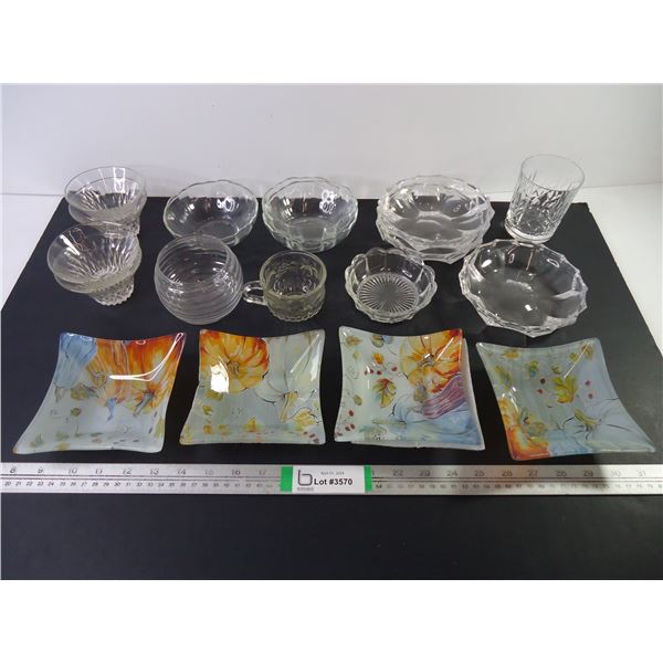 (4) Square Glass Candy/Appetizer Dishes and many assorted clear glass bowls, dishes, etc...