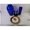 Image 1 : (2) Cobalt Blue Vases and (4) Candle Holders,(6) Shot Glasses and Foam Lake Sask. Plate