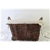 Image 3 : Woven Wicker Basket (cloth lined) - (2) Pyrex Glass Mixing Bowls - (2) Glass Mixing Bowls - (4) Scen