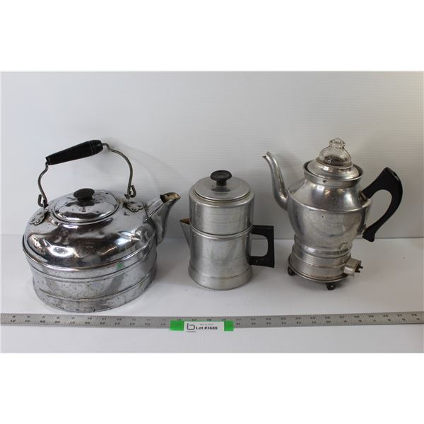 (3) Stainless Kettles & Coffee Perculator (No Cord)