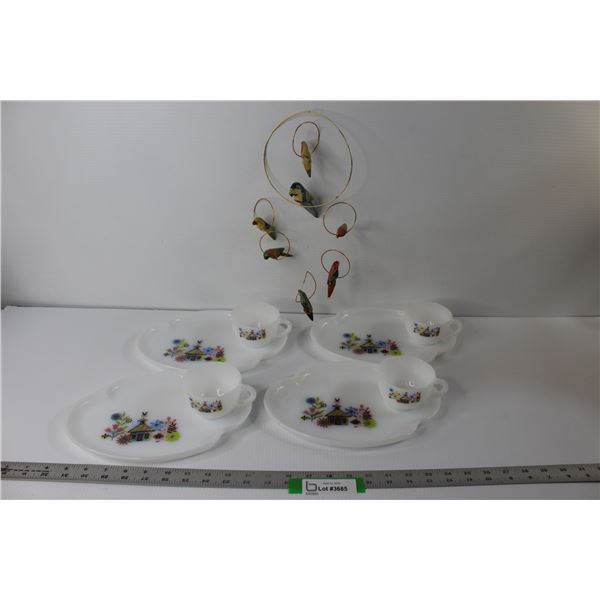 (4) Milk Glass Tea and Dainty Sets, Parrot Hanging Decor