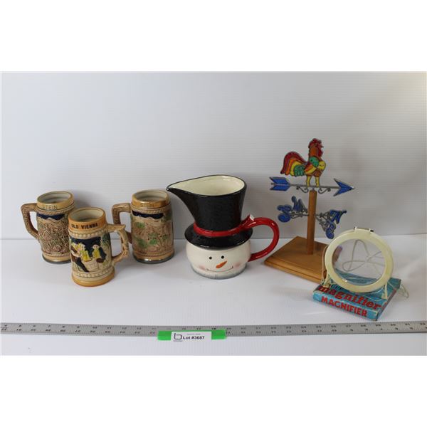 (3) Beer Steins, Snowman Pitcher, Rooster Decor, Magnifier