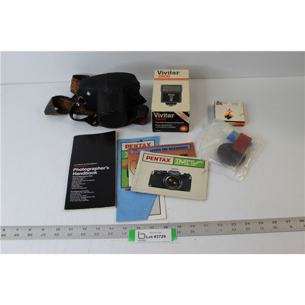 Asahi Pentax Camera In Case, Vivitar 2800 Electronic Flash, Filter, Photography Handbooks