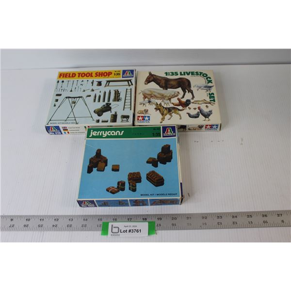 (3) Model Kits - Field Tool Shop; Jerry Cans; Livestock (Partial)