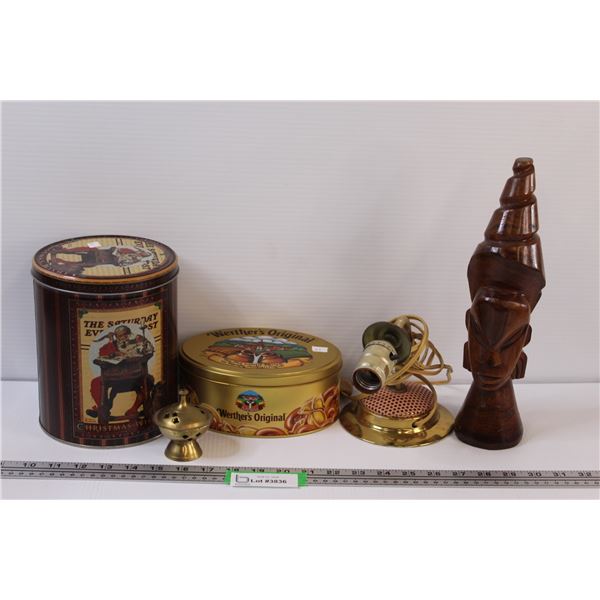 (5) Lot of Collectors Tins, Small Lamp Base Untested, African Wood Carving