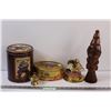 Image 1 : (5) Lot of Collectors Tins, Small Lamp Base Untested, African Wood Carving