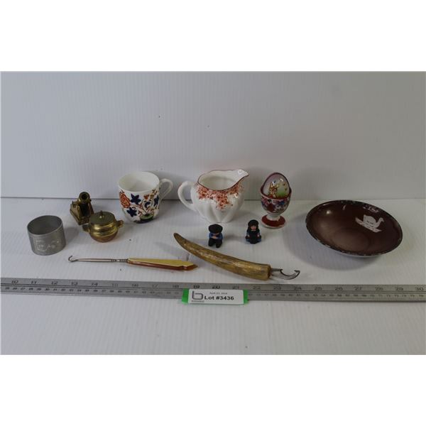 Cast Iron Figures - Porcelain Saucer - Vintage Ceramic Egg Cup w/Tin Egg - Hair Hook - Antler Bottle