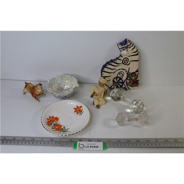 (2) Crystal Glass Knife Rests - Ceramic Cat Spoon Rest - Iridescent Dish - Saucer - Occupied Bull Do