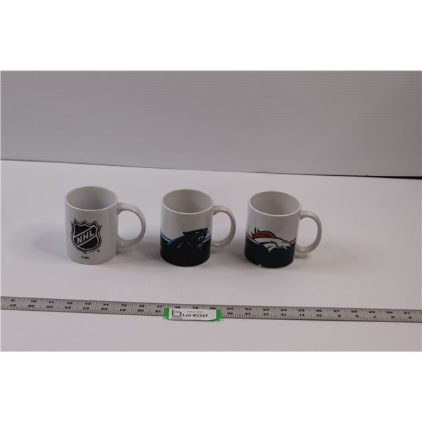 (3) NHL/NFL Branded Ceramic Coffee Mugs - NHL, Panthers & Broncos (Chips)