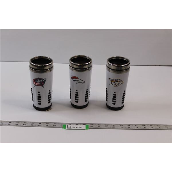 (3) NHL/NFL Branded Insulated Travel Mugs - Washington Capitals, Denver Broncos & Nashville Predator