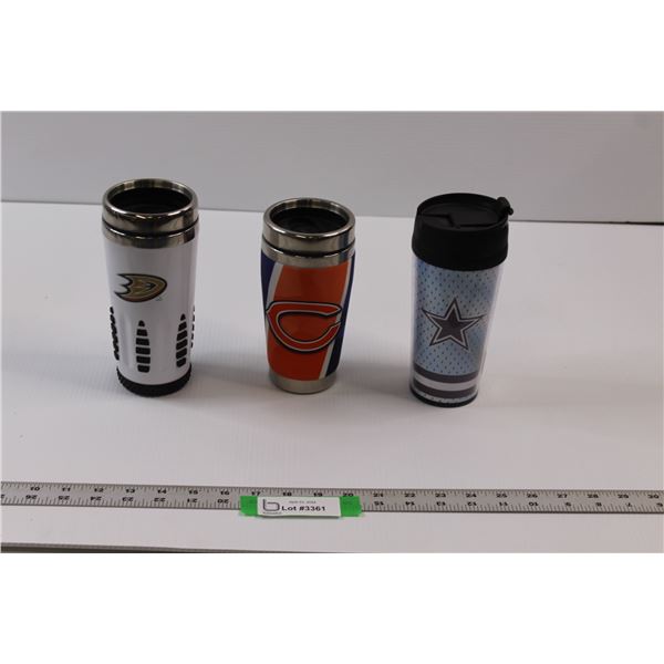 (3) NHL/NFL Branded Insulated Travel Mugs - Anaheim Ducks, Chicago Bears (Cozy Style), Dallas Cowboy