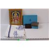 Image 1 : (6) Lot "Hindu Weather God - Mariamann" Framed Photo; St. Albans Tea Towel; Jewelry Boxes