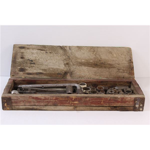 Vintage Rustic Wooden Tool Box filled with Cast Steel Vintage Tools