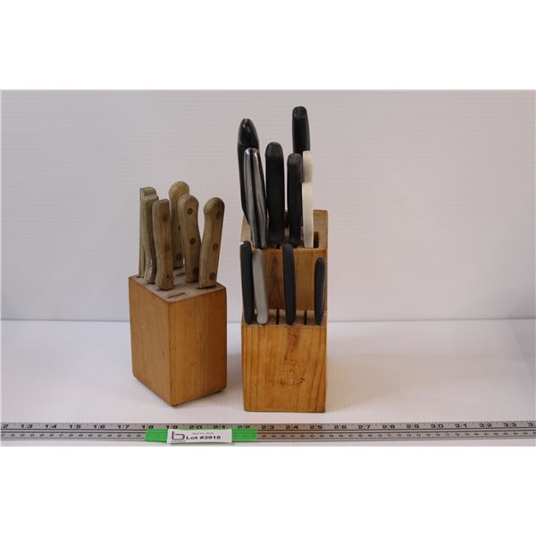 (18) Wooden Block with 6 Steak Knives & 2-Tiered Wooden Block with 9 Knives & Scissors