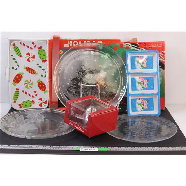 (7) 3 - Large Glass Holiday Platters In Boxes; 3 - Tin Christmas Items; Chrome Plane Bank