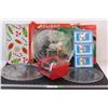 Image 1 : (7) 3 - Large Glass Holiday Platters In Boxes; 3 - Tin Christmas Items; Chrome Plane Bank