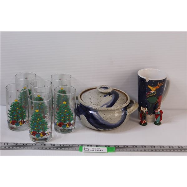 (9) 6 - Christmas Themed Glass Tumblers; Crokery Covered Pot; Chipped Large Mug