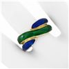 Image 3 : Vintage Solid 18K Yellow Gold Blue & Green Enamel Wide Intertwined Band Ring