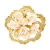 Image 1 : Vintage Carved Angel Skin Coral Rose Bouquet 14K Gold Textured Leaf Halo Brooch