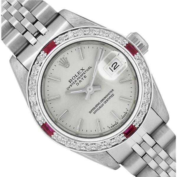 Rolex Ladies Quickset Stainless Steel Silver Index Diamond And Ruby Date Watch W